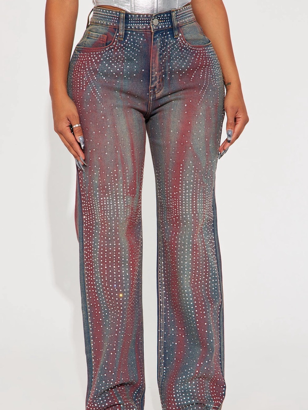 Fashion Nova Multicolor Red and Blue Studded Flare Jeans ONE TIME WEAR